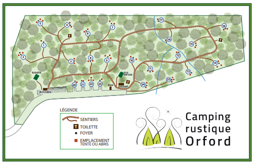 Carte des emplacements des sites de camping - Camping Rustique Orford en Estrie / Cantons-de-l'Est